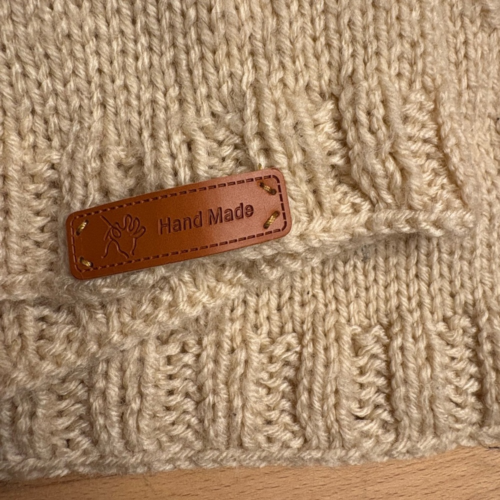Hand Crafted Wool Cream and Blue Turtleneck Sweater - Picture 5 of 9